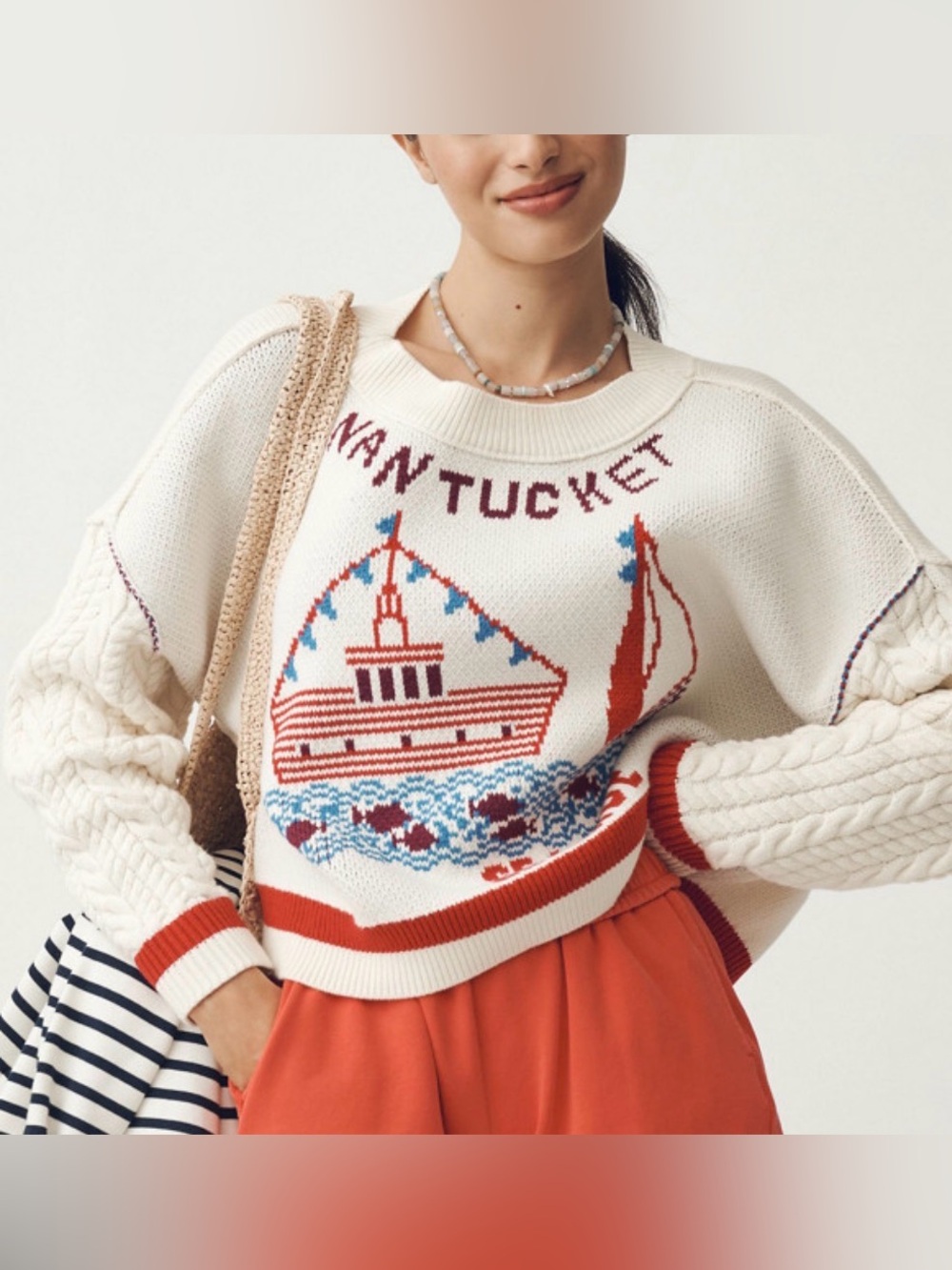 Anthropologie Maeve Nantucket Cable Knit Crew Neck Cotton Sweater size M